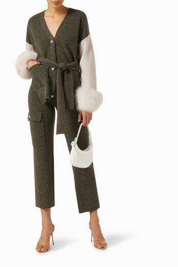 hover state of Colour-block Belted Cardigan with Fox-fur Cuffs in Wool-cashmere Knit