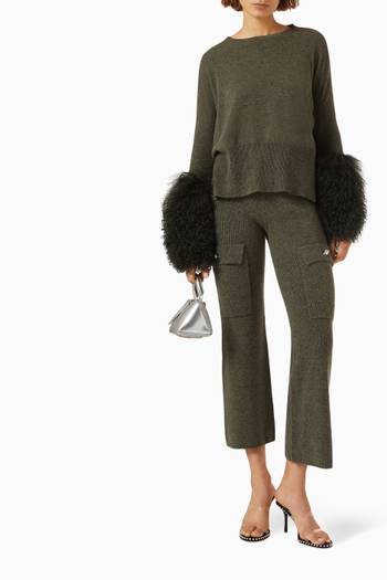 hover state of Round-neck Sweater with Shearling Cuffs in Wool-cashmere Knit