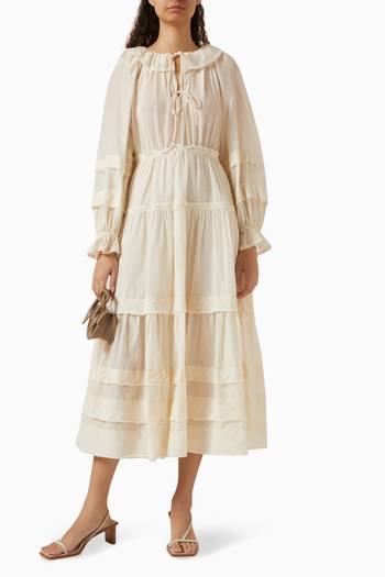 hover state of Ethel Ruffled Midi Dress in Cotton-silk