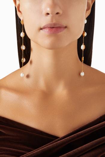 hover state of Dangling Chain Pearl Earrings in 18kt Gold-plated Brass