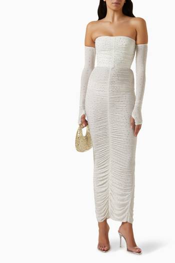 hover state of Ruched Strapless Column Dress in Crystal Jersey