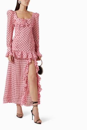 hover state of Flocked Polka-dot Maxi Dress in Silk-georgette