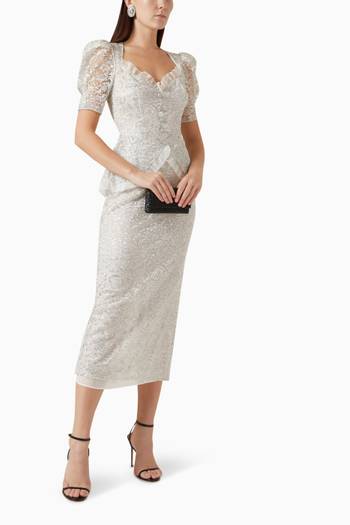 hover state of Puff-sleeve Evening Dress in Lurex Lace