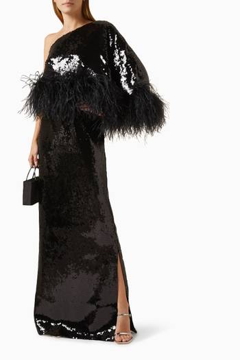 hover state of Alder Feather-trim One-shoulder Maxi Dress in Sequins