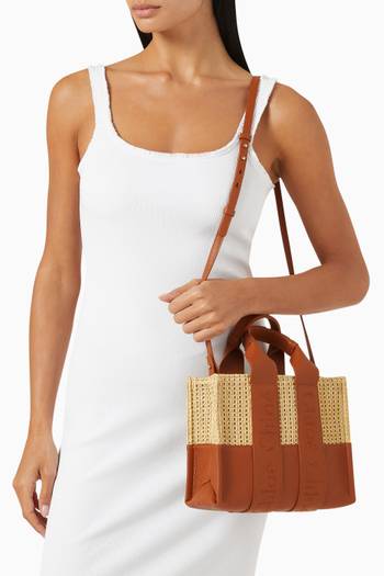 hover state of Small Woody Tote Bag in Raffia & Leather