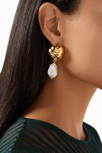 hover state of Orb Earrings with Dangling Baroque Pearls in 18kt Gold-plated Brass