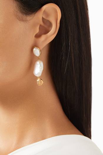 hover state of Dangling Pearl Earrings in 18kt Gold-plated Brass