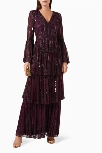 Embellished Bell-sleeve Maxi Dress in Mesh