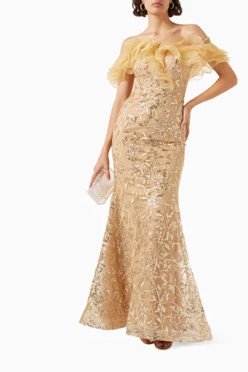 Sequin-embellished Ruffled Gown