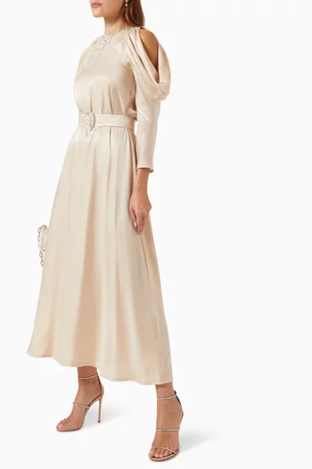 Drop-shoulder Embellished Shimmer Midi Dress in Cotton