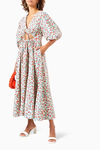 Ulani Short-sleeve Cut-out Midi Dress in Cotton Poplin