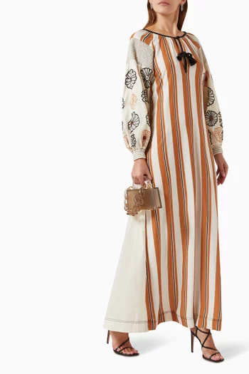 Floral-embroidered Striped Kaftan in Cotton
