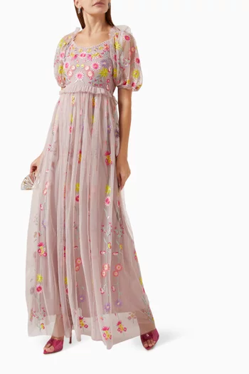Floral Embellished Maxi Dress in Tulle
