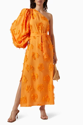 One-shoulder Fringe & Floral Appliqué Maxi Dress