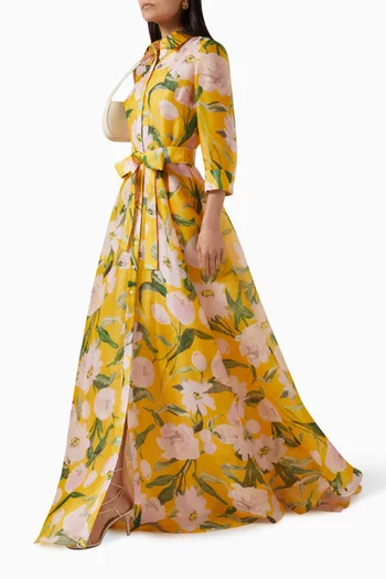 Peony-print Trench Gown in Silk-organza