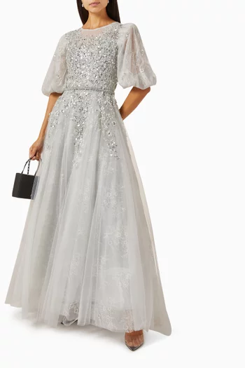 Embellished Puff-sleeve Gown