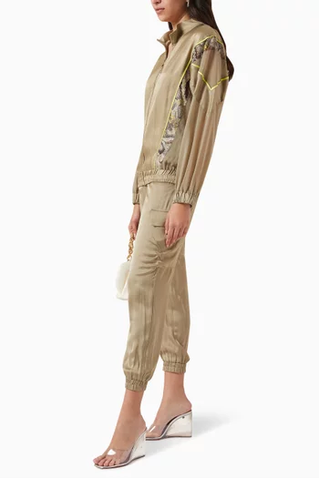 Contrast-panelled Zip Jacket in Viscose-satin