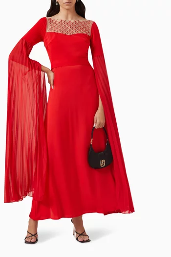 Embellished Cape-sleeve Maxi Dress