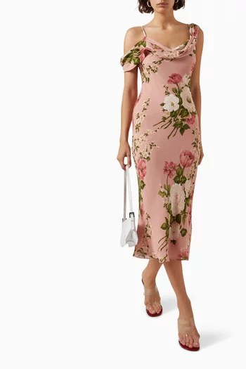 فستان ريا متوسط الطول بنقشة زهور فيسكوز جورجيت