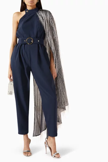 Feather-embellished Cape Jumpsuit