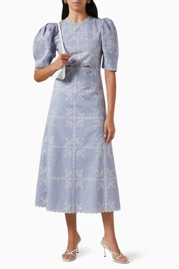 Nanette Embroidered Midi Dress in Linen