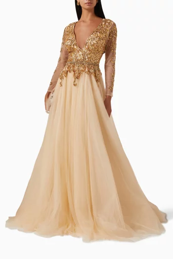Plunge-neck Embellished Gown in Tulle