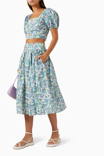 Printed Midi Skirt in Linen-blend