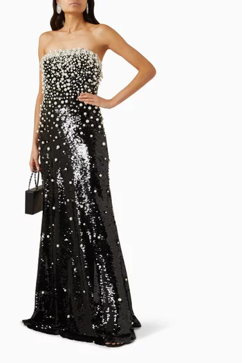Pearl-embellished Sequin Column Gown