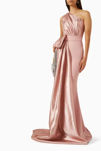 One-shoulder Gown in Lamé & Crepe