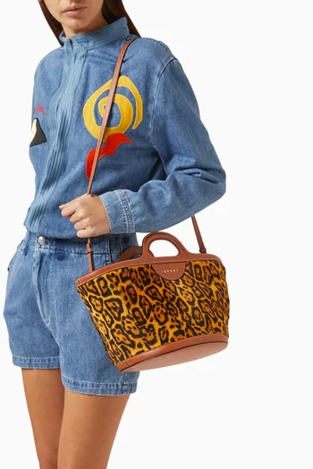 Small Tropicalia Tote Bag in Leopard-print Lamb Shearling & Leather