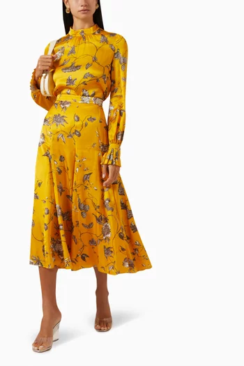 Floral Pleated Midi Skirt in Viscose Satin