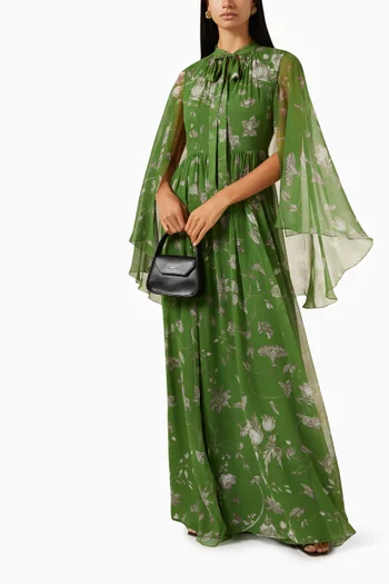 Floral-print Cape-style Maxi Dress in Silk-voile