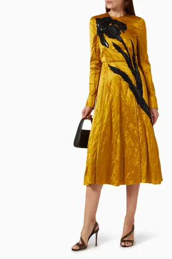 Long Sleeve Midi Dress in Textured Satin