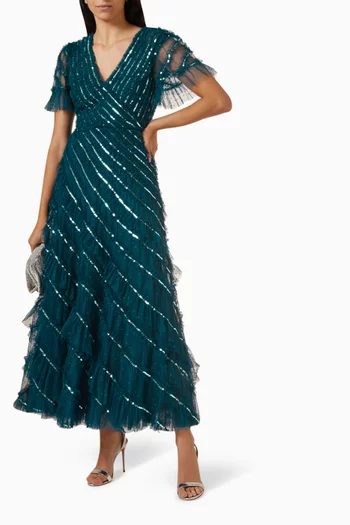 Spiral Sequin V-neck Ankle Gown in Tulle