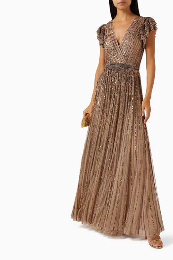 Embellished Ruffle Gown in Mesh