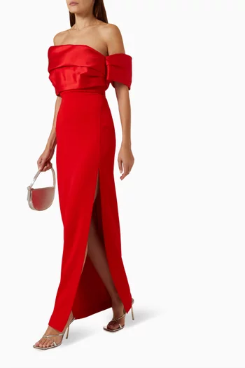 Alexis Off-shoulder Maxi Dress in Twill & Woven Crepe