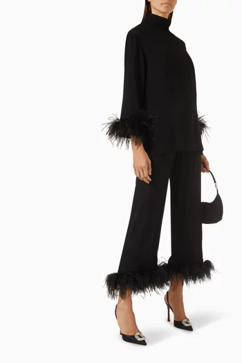 Detachable Feathers Black Tie Pyjama Set in Viscose