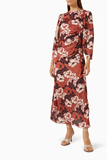 Abstract-print Ruched Midi Dress in Satin