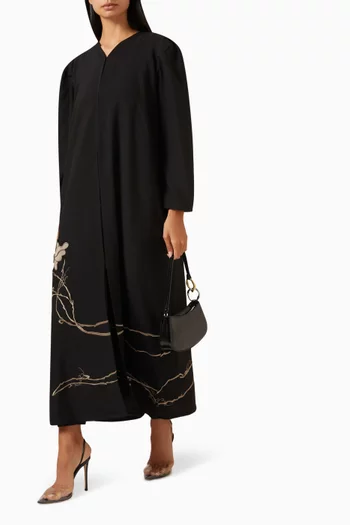 Floral-patch Embroidered Abaya in Raw Silk