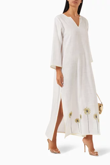 Palm Tree Embroidered Maxi Dress in Linen
