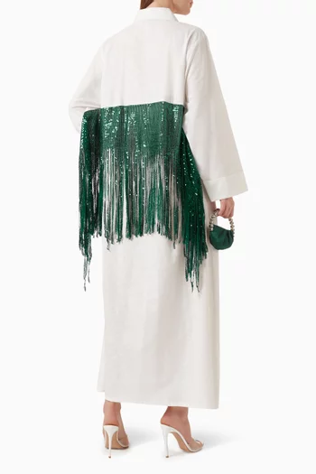 Sequin-embellished Fringe Midi Dress in Linen