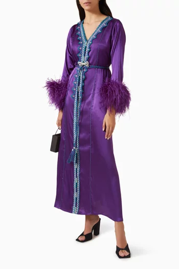 Feather-trimmed Moroccan Kaftan Dress in Satin