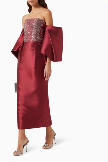 Off-the-shoulder Sequinned Dress in Satin Crepe