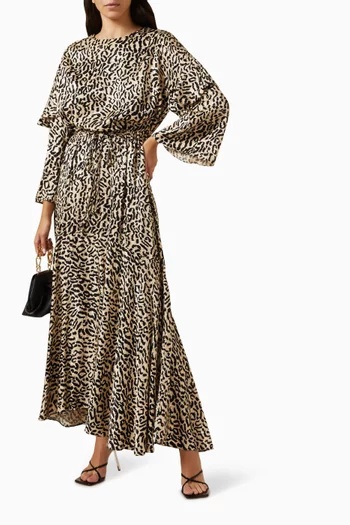 Leopard-print Drawstring Maxi Dress in Satin-jacquard