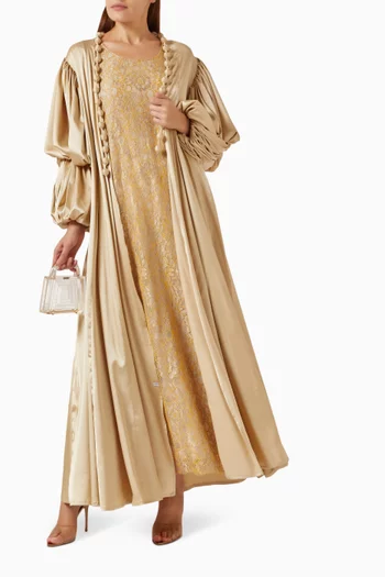 Double Layered Puff Sleeves Abaya & Dress Set in Silk & Lace