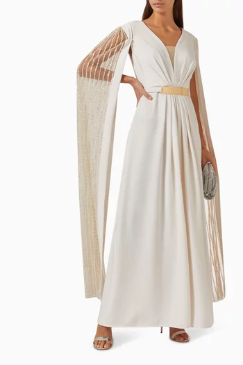Beaded Elongated Sleeve Maxi Dress in Silk