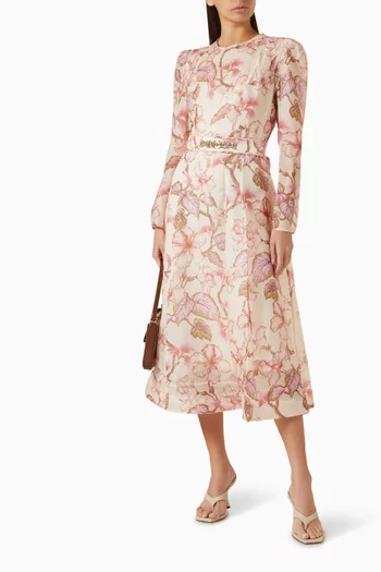 Matchmaker Floral Midi Dress in Silk-linen silk linen Organza