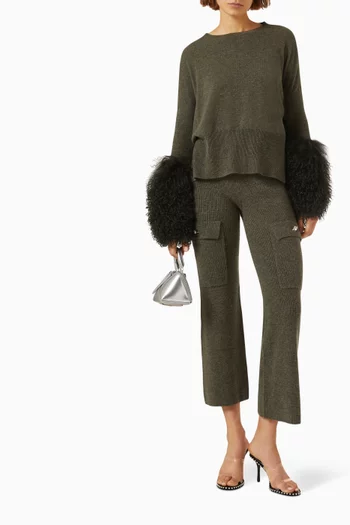 Round-neck Sweater with Shearling Cuffs in Wool-cashmere Knit