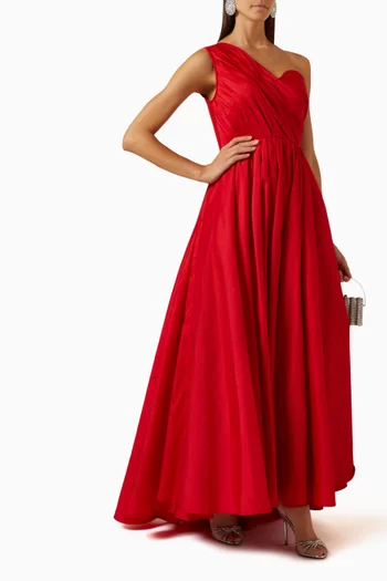One-shoulder Pleated Maxi Dress in Crepe
