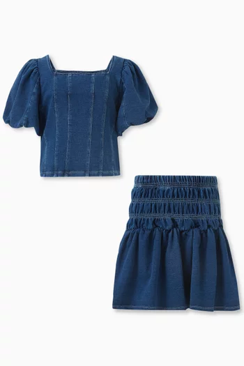 Bubble-sleeve Top & Skirt Set in Denim